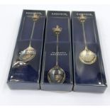 Three royal themed silver teaspoons, boxed by Exquisite
