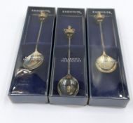 Three royal themed silver teaspoons, boxed by Exquisite