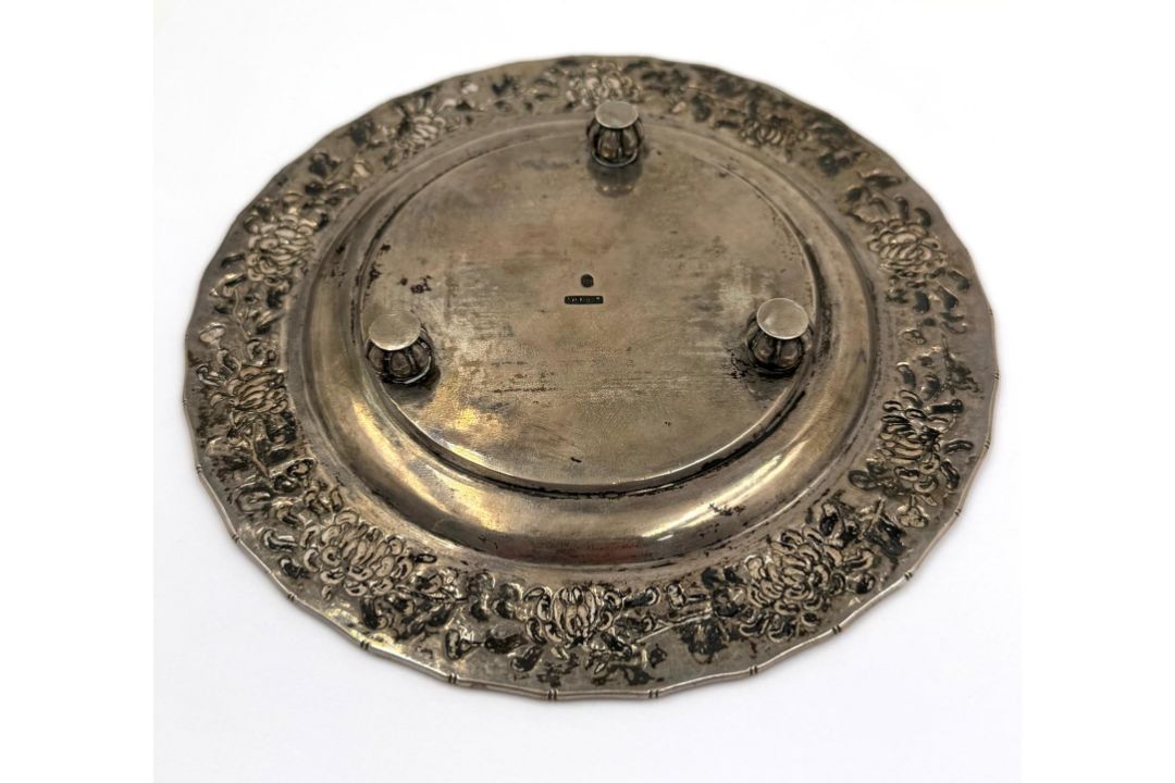 A Chinese silver tea stand on three feet, hallmarked to base with floral design, approximate - Image 2 of 2