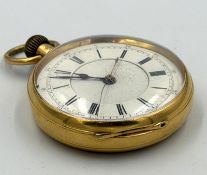 An 18ct gold open faced pocket watch, hallmarked for Chester 1896, engraved to interior E.Mann