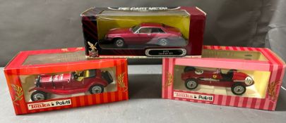 Three Diecast model cars, including a Tonka Alfretta 1750 Millemiglia, a Tonka Ferrari 500 F2 and