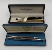A selection of pens to include Cross Concorde rollerball, Cross pencil, Parker and Kendall & James.