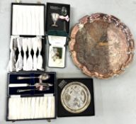 A selection of boxed silver-plated items and a silver-plated tray commemorating the Royal Wedding in