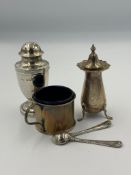 A mixed selection of hallmarked silver cruets, mustard has a blue glass liner, approximate total
