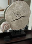 Decorative silver tree ring sculpture and a fossil shell style sculpture, ornaments 88cm x 65cm