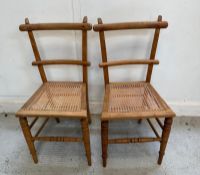 A pair of pine hall chairs with wicker seats and turned legs and cross stretchers