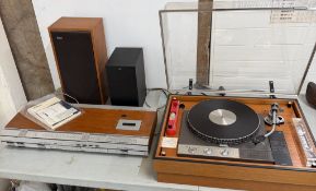 A selection of stereo equipment, including a record player, a tape deck and speakers by Bang and