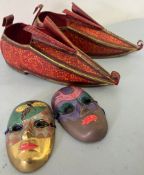 Decorative metal slippers and two wall hanging metal mask