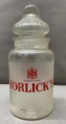 A vintage glass advertising jar for Horlicks with the By Appointment crest H26cm