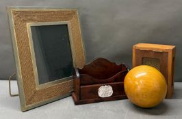 A mixed lot to include a photo frame, desk tidy and a wooden ball