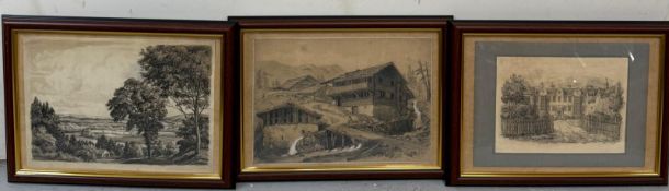 Three framed lithographs, a landscape and two architectural studies