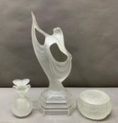 A selection of glass to include a Deco-style figurine, a lidded pot and a perfume bottle