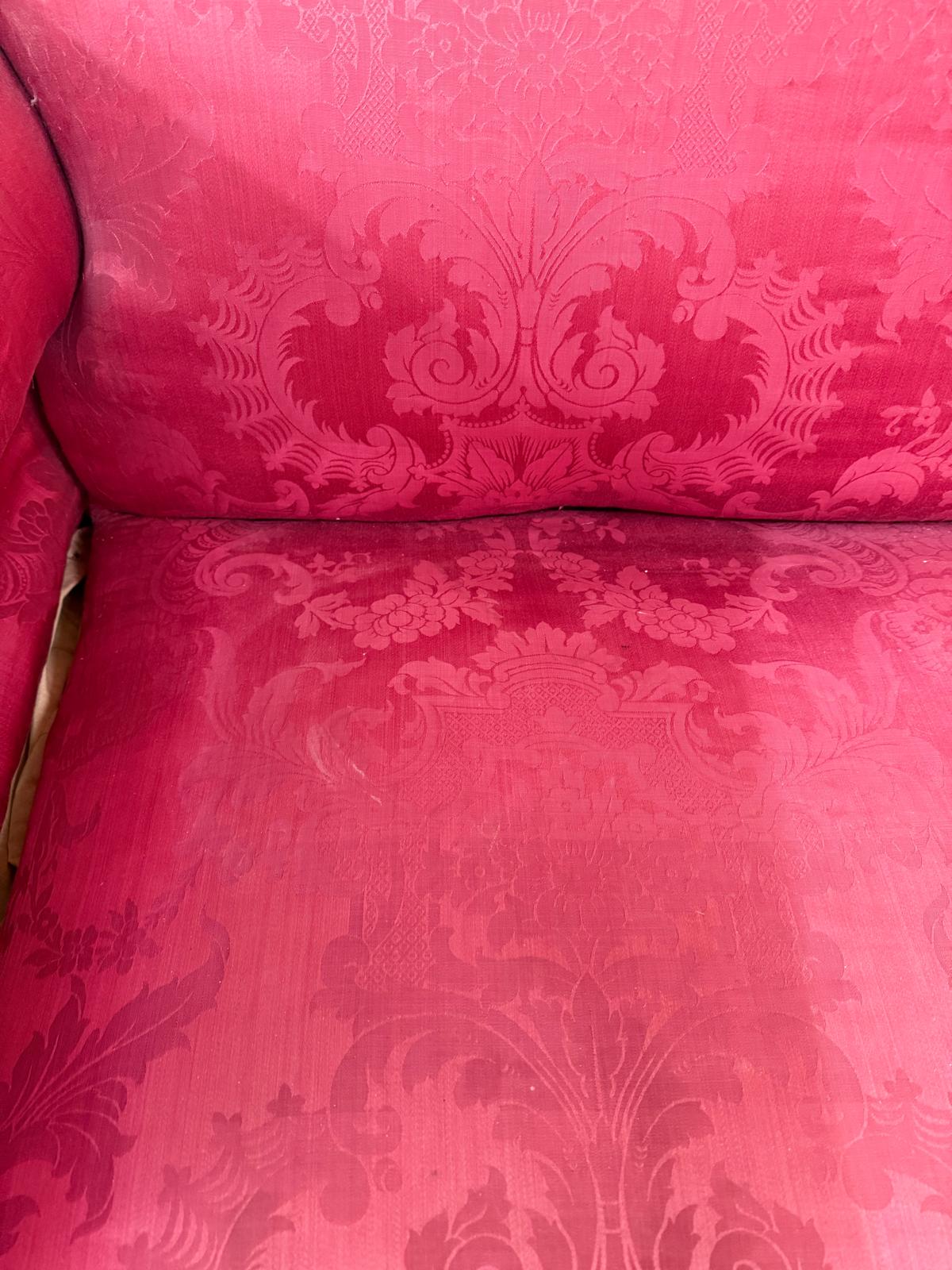 A red floral upholstered Victorian two seater sofa H84cm W150cm D76cm SH32cm Condition Report in - Image 4 of 5