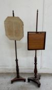 Two mahogany pole screens on turned central columns