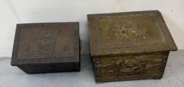 A brass coal box with a hammered relief featuring a pub scene, together with a copper-topped coal