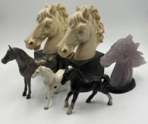 Horse head bookend, three standing horse figures