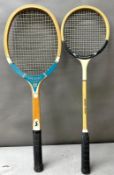 Two vintage wooden tennis rackets, including a Spalding Challenge and a Slazenger Royal Crown