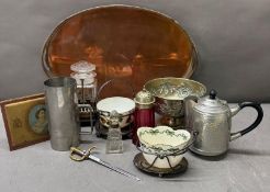 A quantity of mixed metal items, including a tray, a scent bottle and a sugar shaker