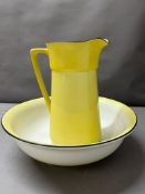 Wash bowl and jug set, yellow with black rim