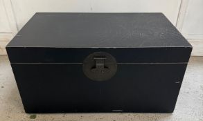 A black Chinese style contemporary blanket box, hinged lid. Height 39cm x Width 77cm x Depth 46 cm