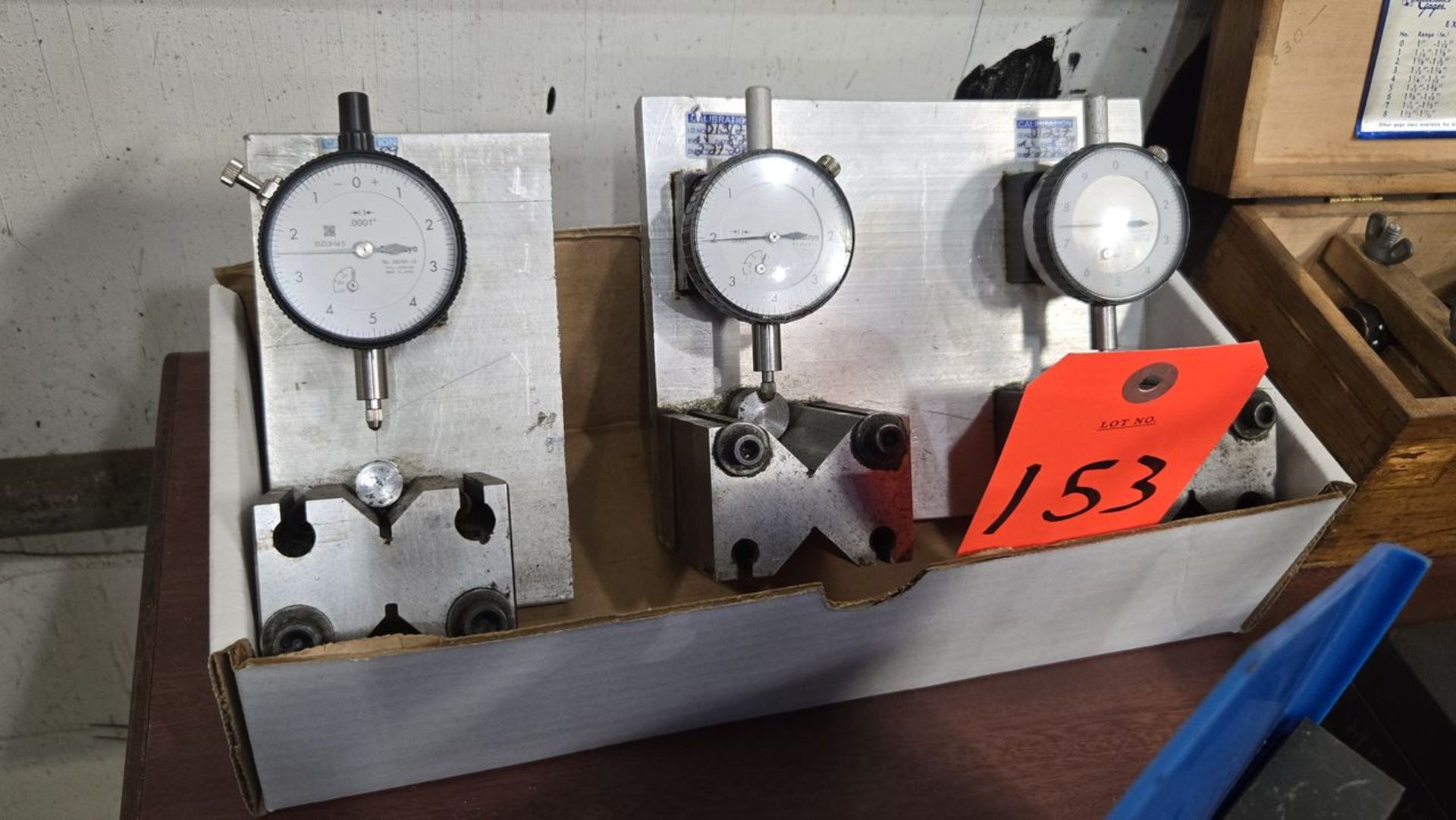 Lot - (3) Mutotoyo Dial Indicators; with Mounts and V-Blocks