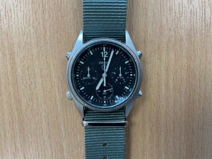 Seiko Gen 1 Pilots Chrono RAF Harrier Force Issue, Nato Marks, Sn° 3737, Date 1986, Chip in Glass