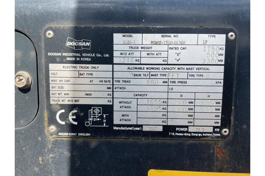 Doosan PR05 G18S-5 LPG Fork Lift 3 Stage Container Mast with Side Shift, from Govt Dept - Image 10 of 10
