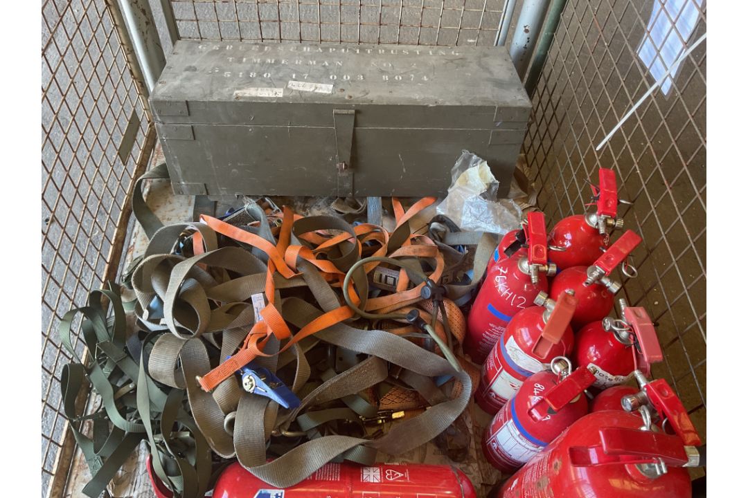 1x Stillage of Load Straps, Fire Extinguishers and Tool Kit, from MOD - Image 1 of 4