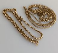 Two gold belcher chain, both snapped, one stamped the other unmarked, tests for 9ct, 19g (2)