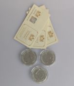 Three 2013 proof Silver Britannia crowns with COA, each 31.2g