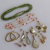Five pairs of gem-set earrings, two pendants and a necklace with coral and pearl decoration, all on 