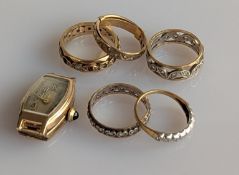 Four 9ct yellow gold gem-set rings, sizes J-M, 9.2g, another 9ct gold and silver, 1.5g (5)