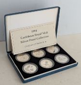 A Royal Mint Caribbean Royal Visit Silver Proof Coin set, dated 1994, six crown size coins, each 28.