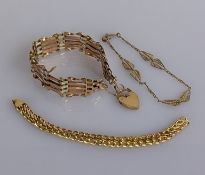 A bi-gold gate-link bracelet with heart clasp, cm; another woven-link yellow gold bracelet
