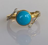 A yellow gold ring with a cabochon turquoise and diamond decoration, designed by Catherine Best