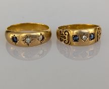 Two late Victorian yellow gold gypsy rings, one with missing stone, size O, N, both hallmarked 18ct,
