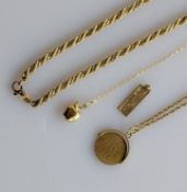 Two yellow gold pendant chains, another pendant and a yellow and white gold rope-twist necklace