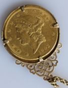 A mounted United States of America gold double eagle coin, dated 1903, with belcher chain, hallmarke