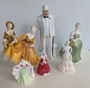 A Royal Doulton HN 3057, Sir Winston Churchill, 26 cm H, and five Royal Doulton figurines of ladies