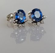 A pair of sapphire and diamond earrings on a white gold claw setting, the cushion-cut sapphires 