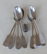A set of eight late Victorian silver fiddle pattern teaspoons, initialled, hallmarked for John Round