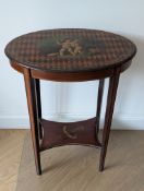 An Edwardian oval mahogany occasional table with hand-painted classical scene to top depicting cheru