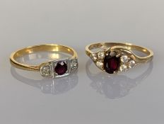 An Art Deco ruby and diamond ring on a yellow gold setting, ruby approximately 0.15 carats, unmarked