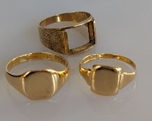 Two yellow gold signet rings, initialled, both hallmarked 18ct, 8.7g and  an etched gold ring