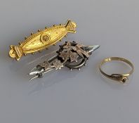 An Etruscan-style yellow gold brooch, 44mm, 2.8g; a silver and gold-plated brooch stamped for Pearce