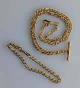 A flat curb-link yellow gold watch chain with T-bar and lobster clasp, 47 cm, and a matching bracele