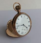 A George V 9ct gold cased half hunter pocket watch, stem-wind with white enamel dial with Roman nume