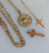 A yellow gold fancy-link necklace with lobster clasp, import marks for 9ct, 55 cm; two pendant chain