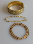 A rose gold weave-link bracelet with lobster clasp, 19.5 cm, hallmarked 9ct, 9.2g; a silver-gilt ban