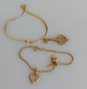A yellow gold fancy-link bracelet with charms, 16 cm, stamped 750, 4.8g, another bracelet with flat